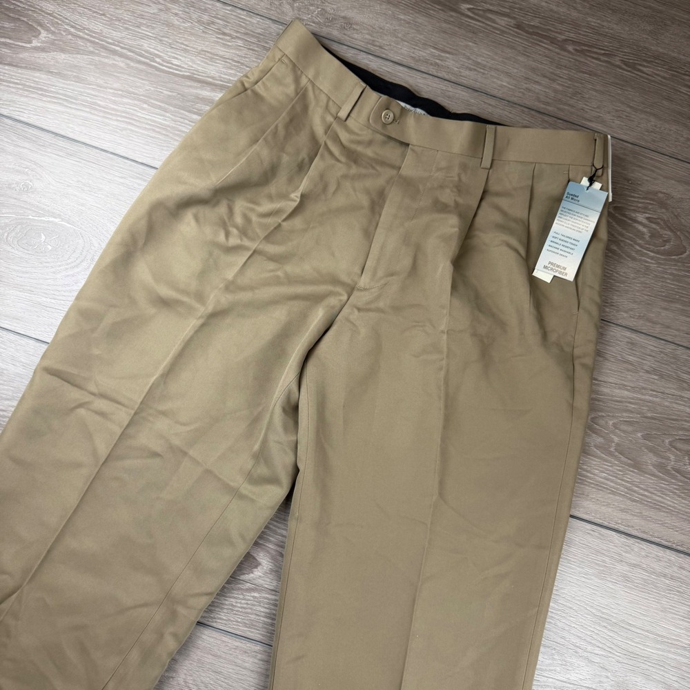 Perry Ellis Portfolio Mens Dress Pants Pleated Microfiber Tan 33/32